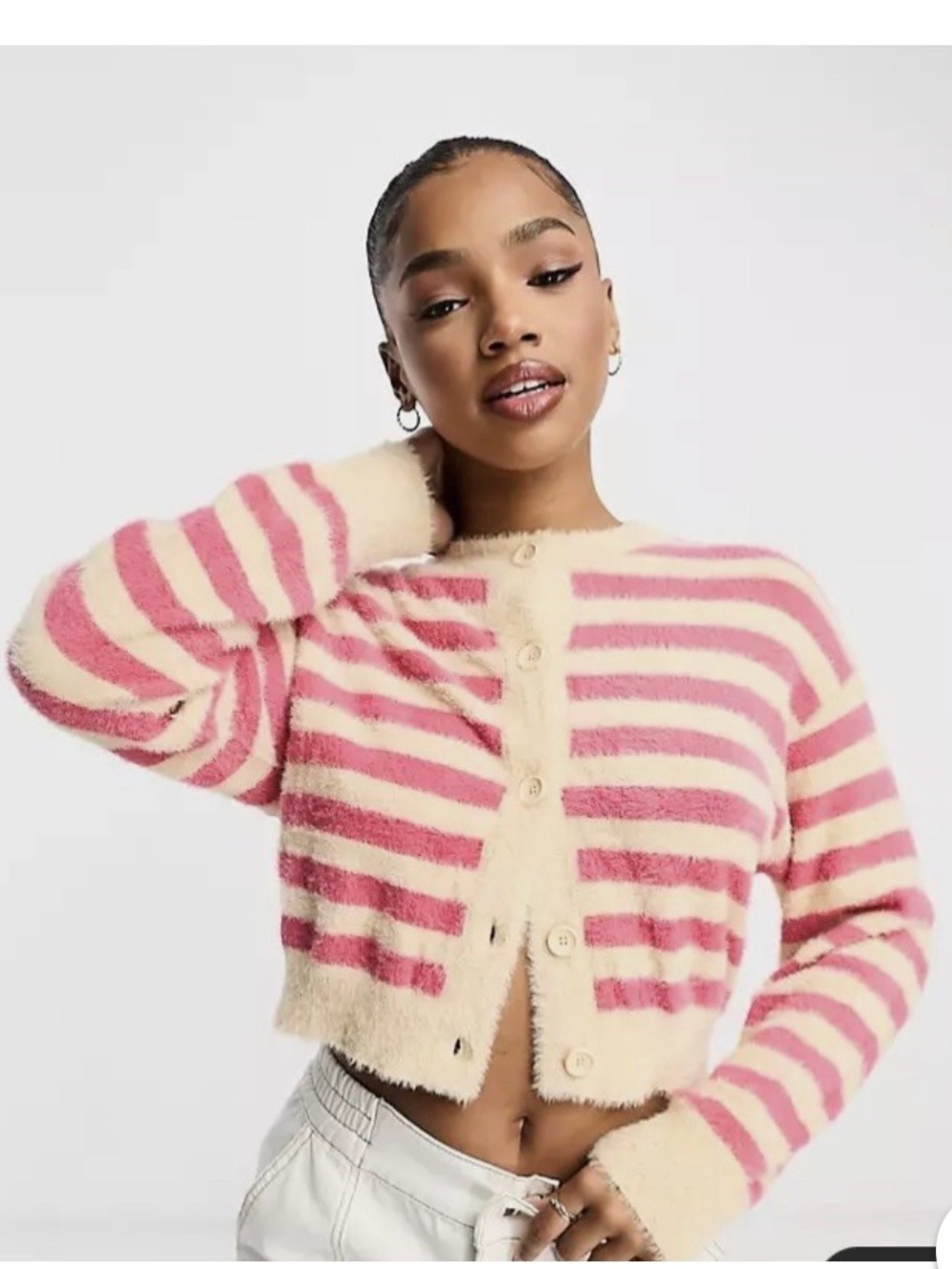 Levi's Pink and Cream Striped Fuzzy Cardigan Sweater VINTAGE
